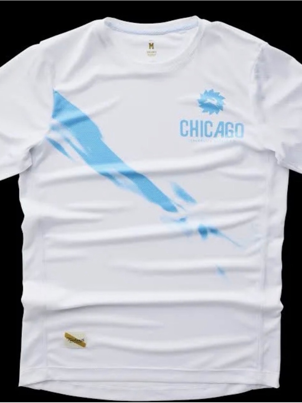 Tracksmith White Short-Sleeve Tee with Light Blue Chicago Graphic